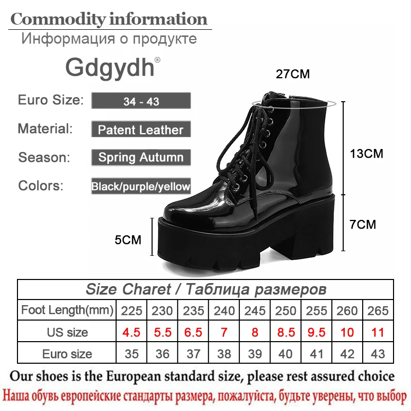 Gdgydh Punk Style Platform Heel Womens Ankle Boots Chunky Motorcycle Boots For Women Patent Leather Purple Yellow Shoes Big Size