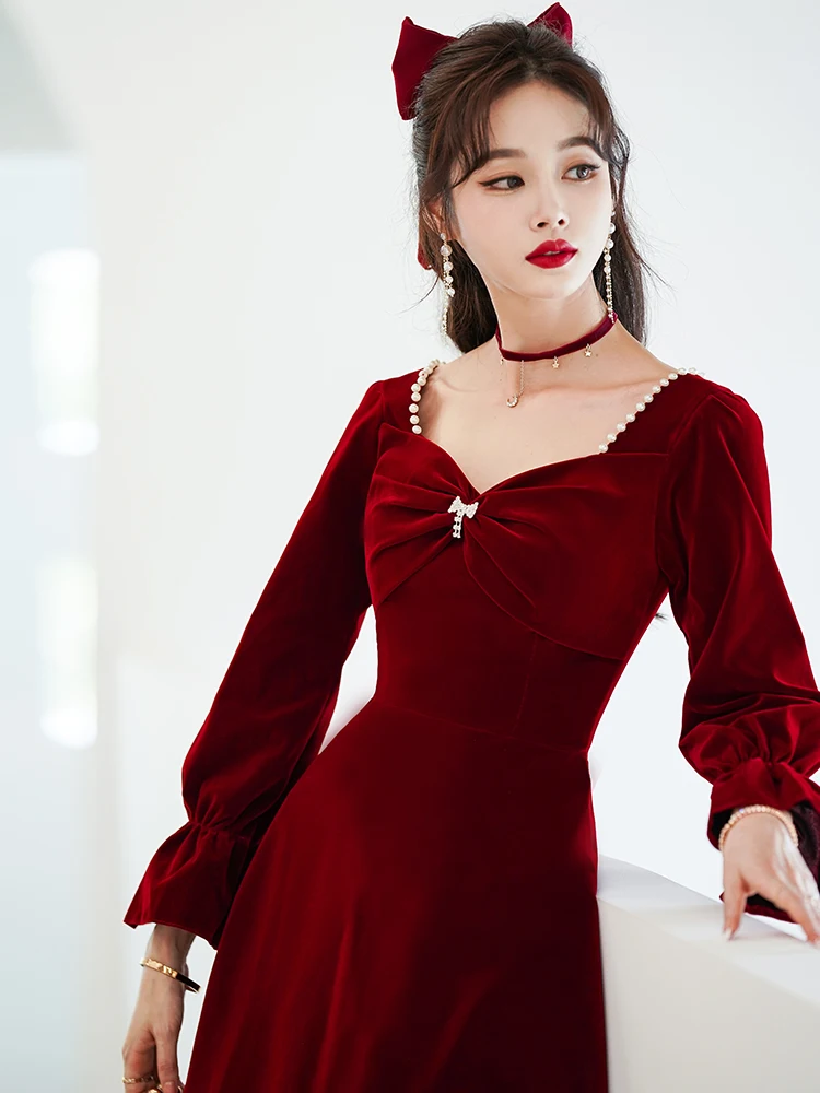 Robe de Soirée en Velours pour Femme, 4 Styles, Col en Forme de Cœur, Ligne A, Slim, Vintage, Vin Rouge, Fiançailles