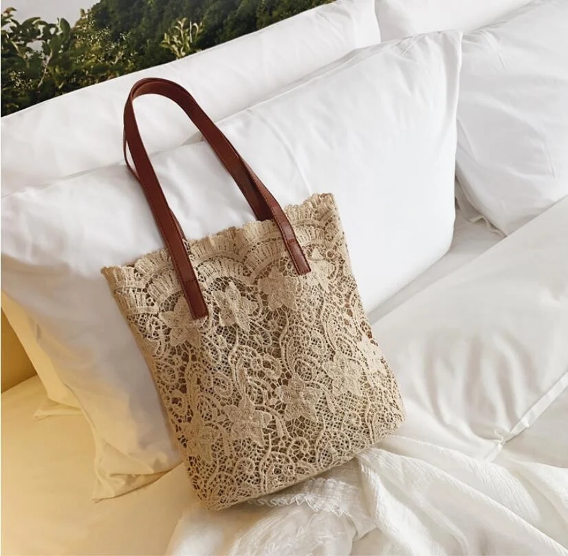 Sweet Lace Hollow Out Handbags Shoulder Bags Women Popular School Bags Summer Beach Casual Totes Bags Camel White