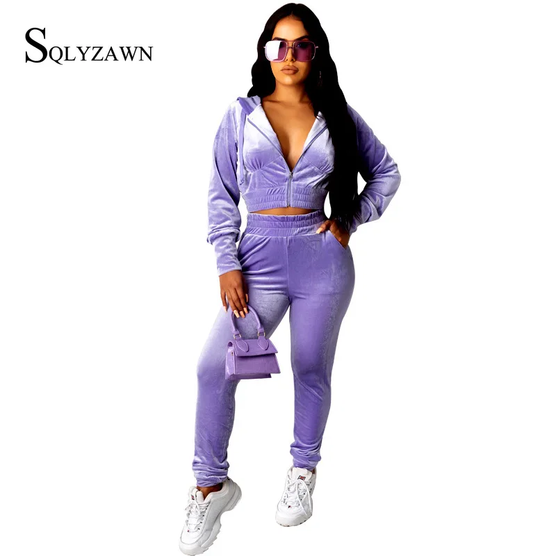 Velvet Suit Famale Autum Long Sleeve Cropped Jacket Trousers Casual Women Purple Blue Loose Sporty Set Velour 2ps Matchig Set