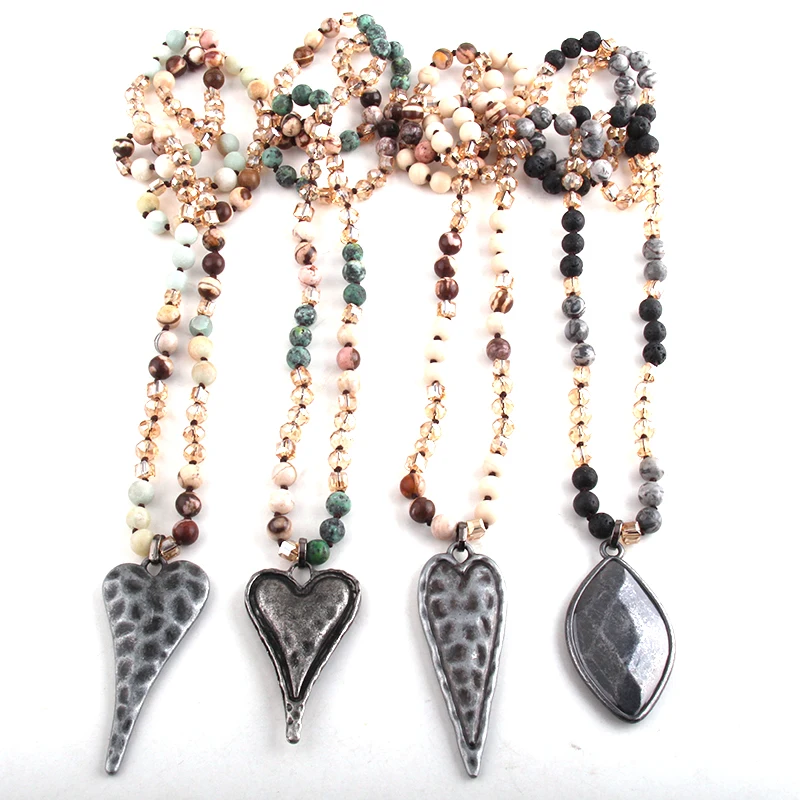 Fashion Bohemian Tribal Jewelry Multi Stone Beige Glass Long Knotted Black Metal Heart Pendant Necklaces