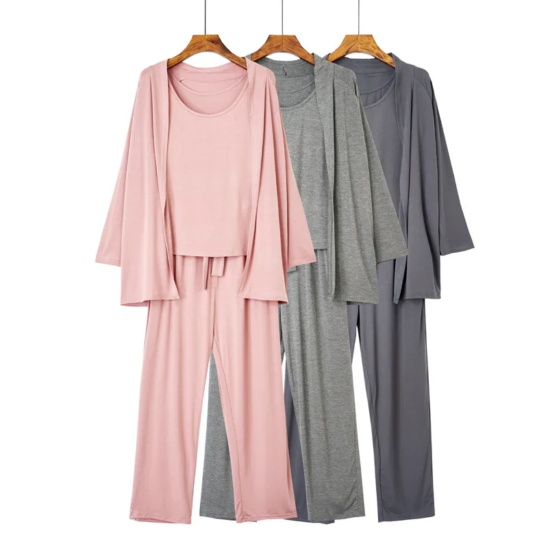 

Loose Pajamas Women's Modal Cardigan Home Service Korean Vest Casual Jacket Long-Sleeved Three-Piece Mother's Spring Summer