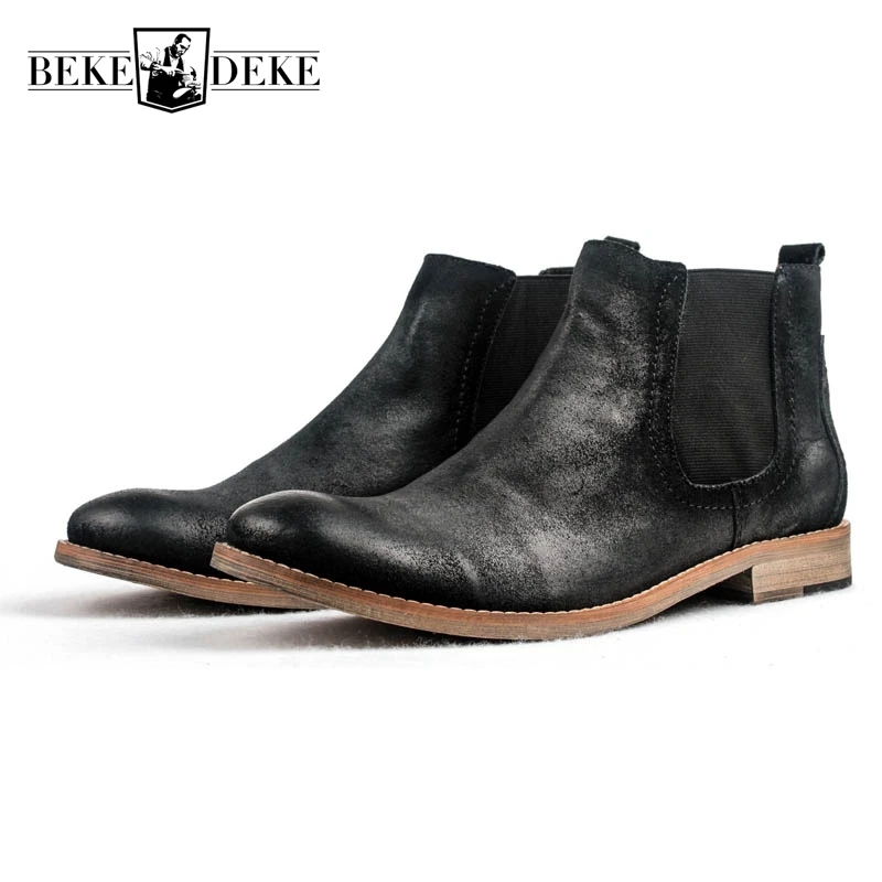 

Quality Brand European Top Winter Mens Cow Genuine Leather Round Toe Slip On New Fashion Low Heel Chelsea Boots Male Ankle Shoes
