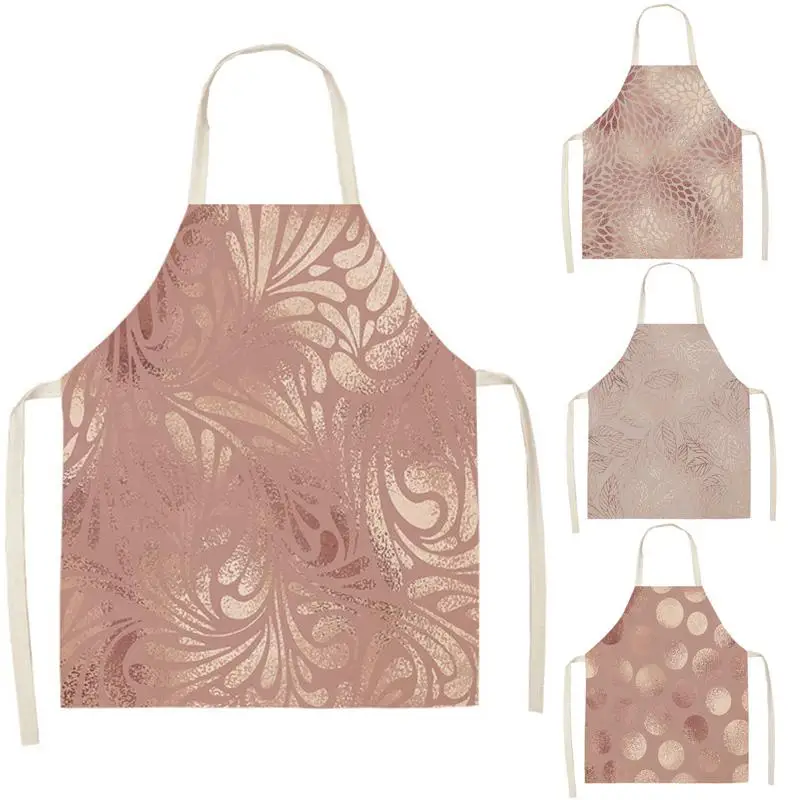 Rose Gold Geometric Printed Kitchen Aprons for Women Man Home Cooking Baking Shop Cleaning Cotton Linen Apron WQ74