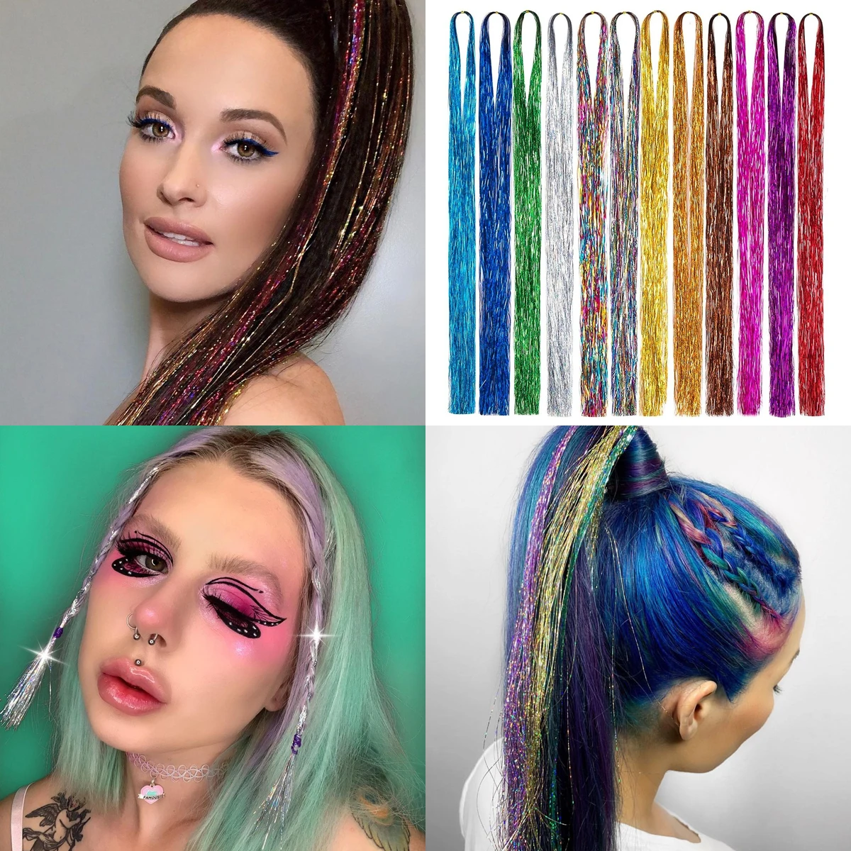 1PCS Holographic Hair Tinsel Shining Silver Professional Sparkle Heat-Resistant Silk Extensions 150Strands 20 Colors