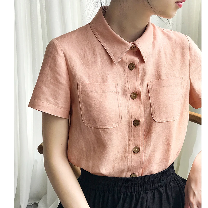 100% Linen Women Shirts  Korean Fashion Turn Down Collar Button Up  Ladies Tops Camisas Para Mujer MZY20BSA1378Y