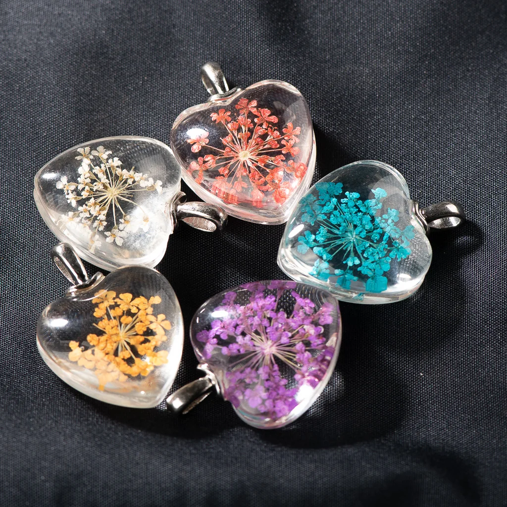 20#5pcs Iron hook Hand-made Heart Flower Crystal Glass Beads string Natural Dried Flowers DIY Earrings Necklace Jewelry #72486