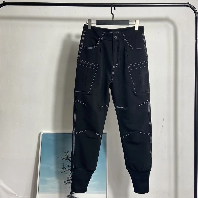 

Mens Harajuku Cargo Pants Slim Fit High Waist Casual Trousers Button Multi-Pocket Hip Hop Pencil Pants Male Fashion Sweatpants