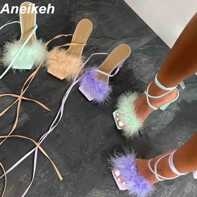 Aneikeh NEW Summer Rome Fashion Furry Cross-Tied Women Pumps 2024 Sexy 11CM Thin High Heel Lace-up Dress Party Ladies Sandals