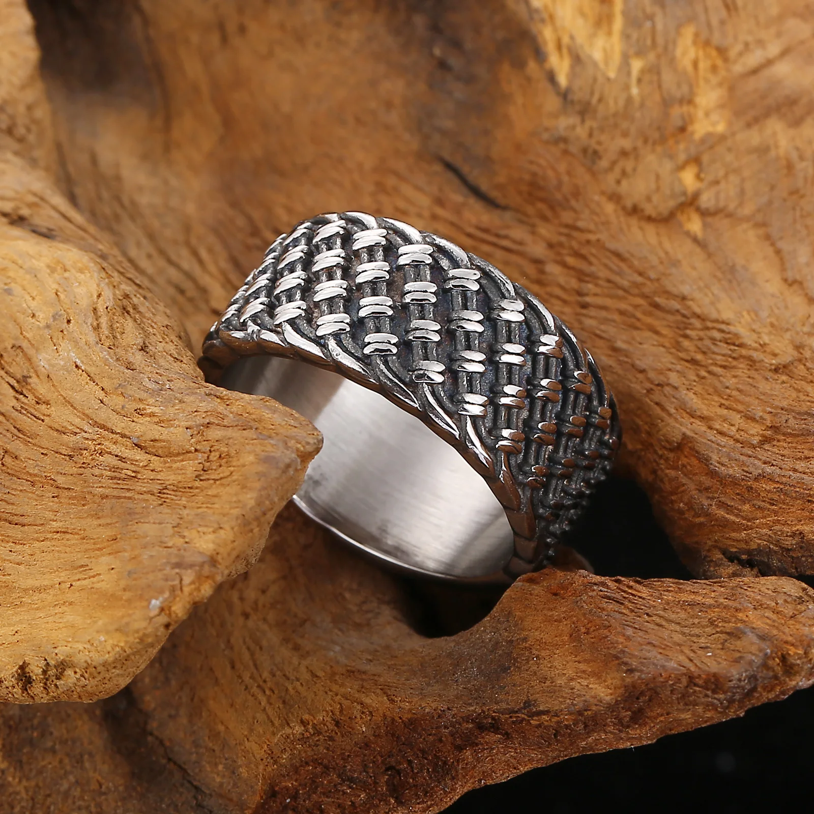 Kalen Punk 10mm Weave Pattern 316L Stainless Steel Men\'s Ring Vintage Jewelry Wide Accessories