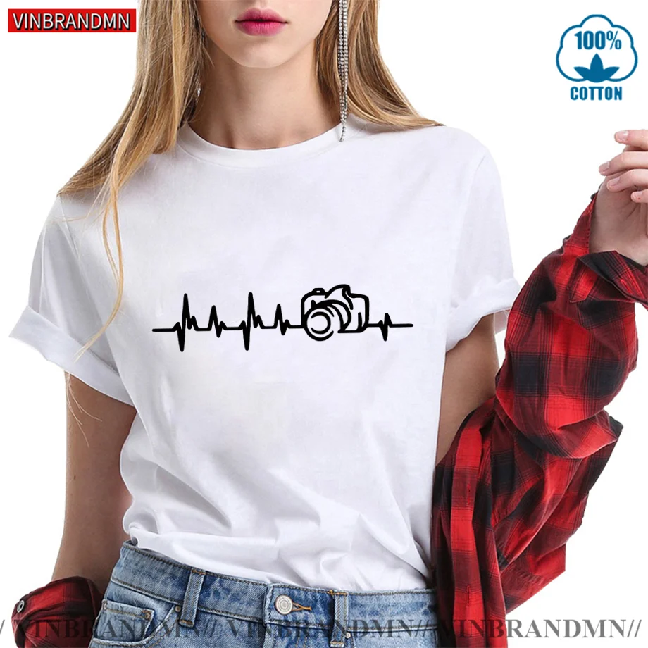 Heartbeat of Camera Photograher Print Cotton Casual Tshirt Women Funny T Shirt for Lady Streetwear Regular Short Sleeve Tops Tee