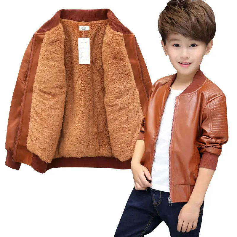 Boys Coats Autumn Winter Fashion Children\'s Plus Velvet / No Velvet Two styles Warming Cotton PU Leather Jacket For 1-11Y Kids