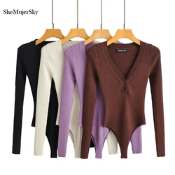 SheMujerSky Women Sexy Knitted Elastic Slim Bodysuits Long Sleeve V-neck Buttons Jumpsuits Top Bodysuit