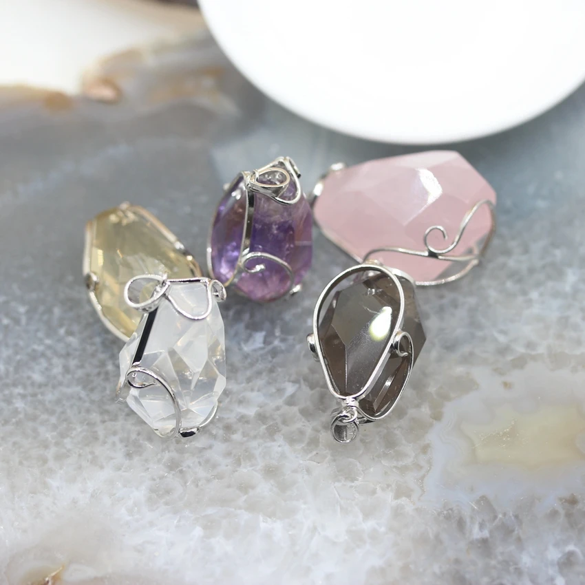 5pcs,Large Size Natural Crystal Faceted Nugget Pendant,Plated Silvers Wire Wrapped Amethysts Rose/Smoky/Lemon Quartz Charms Bulk