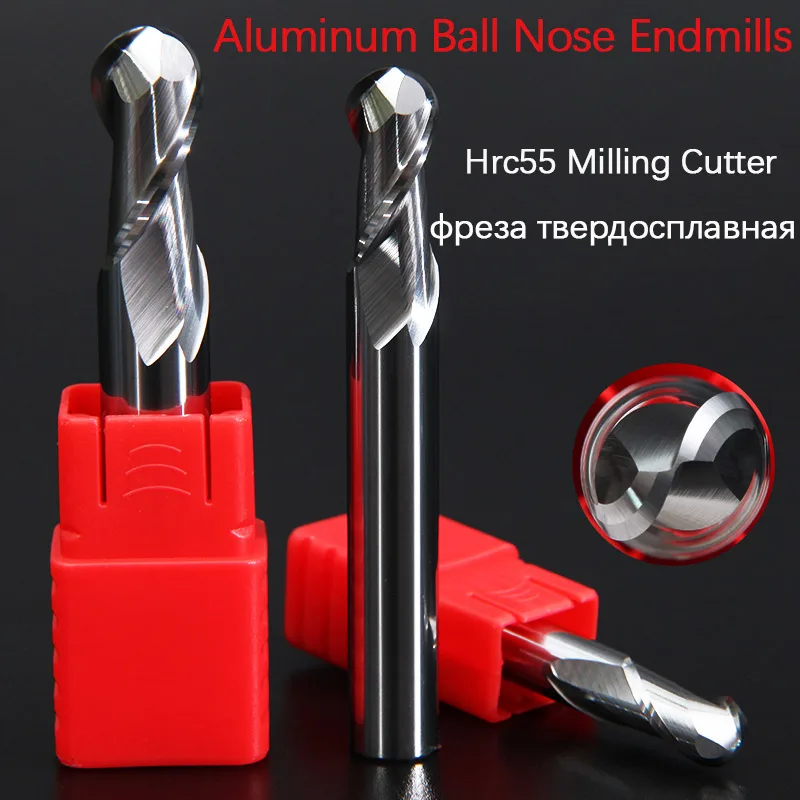 2 Flute Cutting HRC58 2mm 3mm 4mm Aluminium Copper Machining CNC Tungsten Steel Sprial Bit Milling Cutter Ball Nose End Mill R1