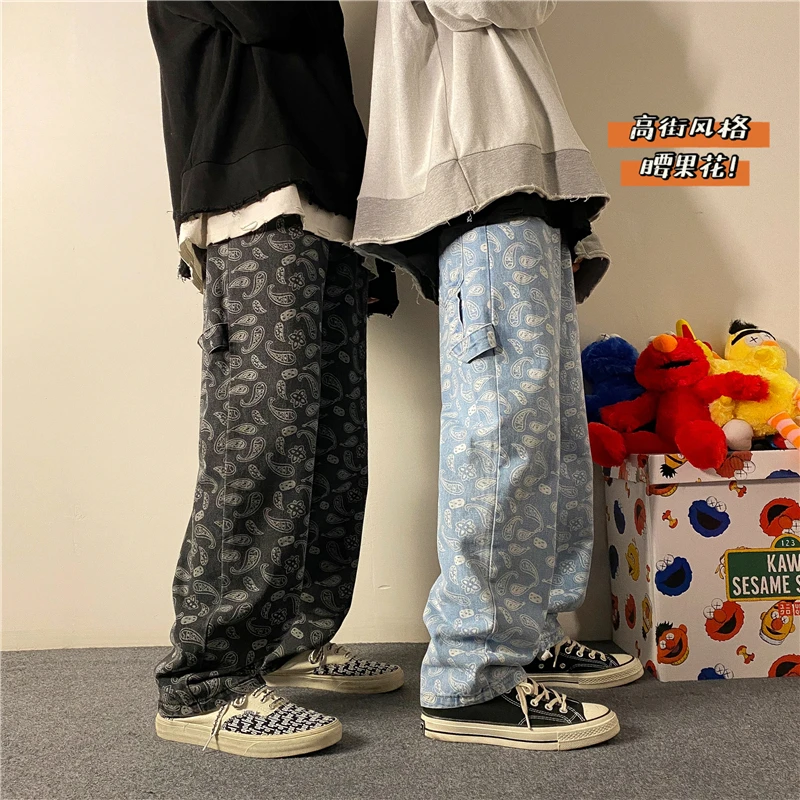 Fashion Jeans Spring 2021 New High Street Cashew Flower Straight High Waist Loose Denim Pants streetwear pantalones