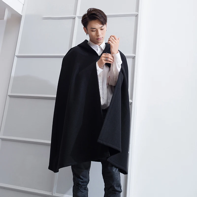 M-4XL woolen coat male British wind long section Korean version of the loose hooded wizard hat cape cloak shawl versatile coat