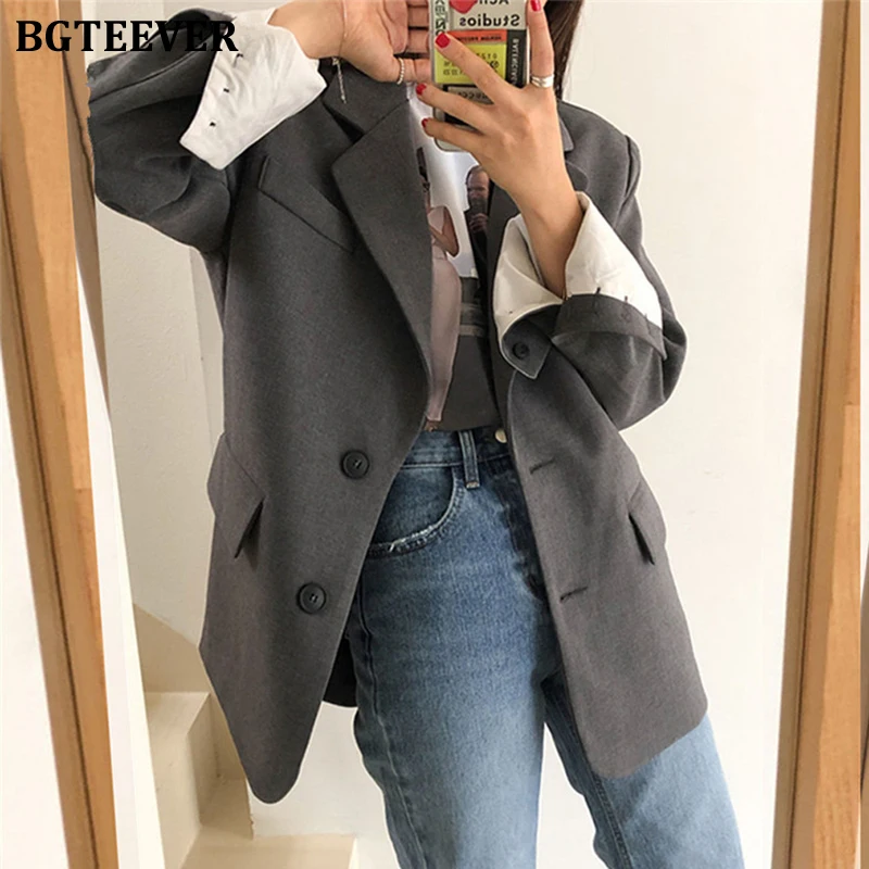 BGTEEVER Stylish Chic Notched Collar Women Blazer Jackets 2022 Spring Long Sleeve Single-breasted Casual Female Suit Coats