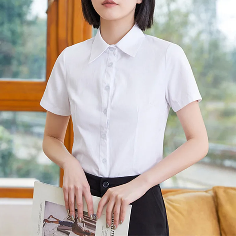 Korean Cotton Shirts Women White Shirt Office Lady Solid Pink Shirts Blouse Casual Woman Basic Blouse Tops Fashion Women Shirt