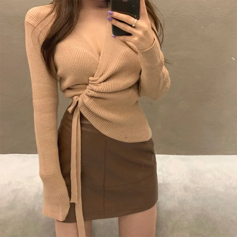 Croysier Autumn Winter Clothes Women Casual Long Sleeve Top Knitted Sweaters Sexy V Neck Drawstring Ruched Wrap Cardigan Sweater