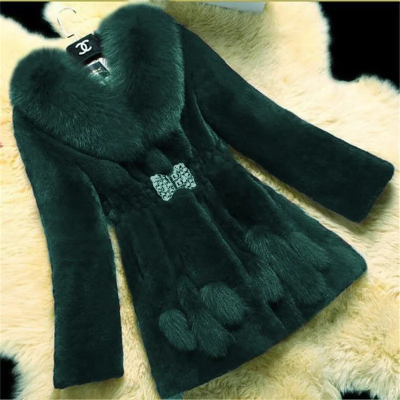 Fur Coat 2023 Winter New Jacket Female Mid-Length Imitated Fox Fur Collar Overcoat Ladies Imitation Mink Fur Outwear Women Tops