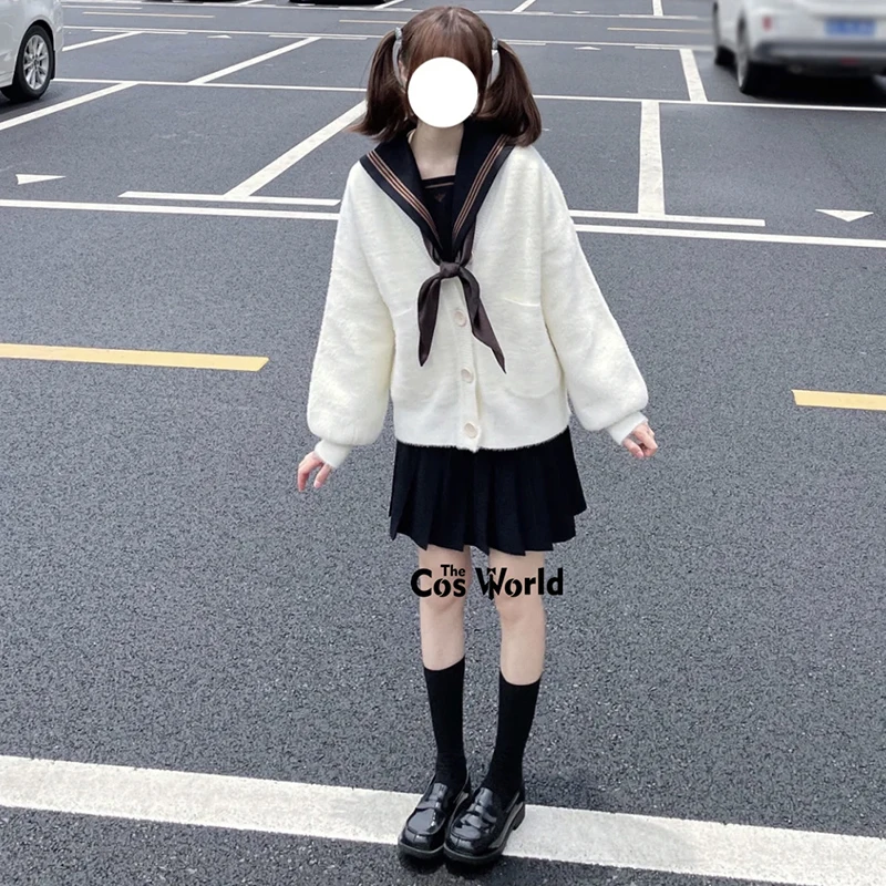 Cárdigan de punto de manga larga, suéter peludo y dulce de invierno japonés, cuello en V, prendas de vestir para uniforme escolar JK DK, ropa para estudiantes