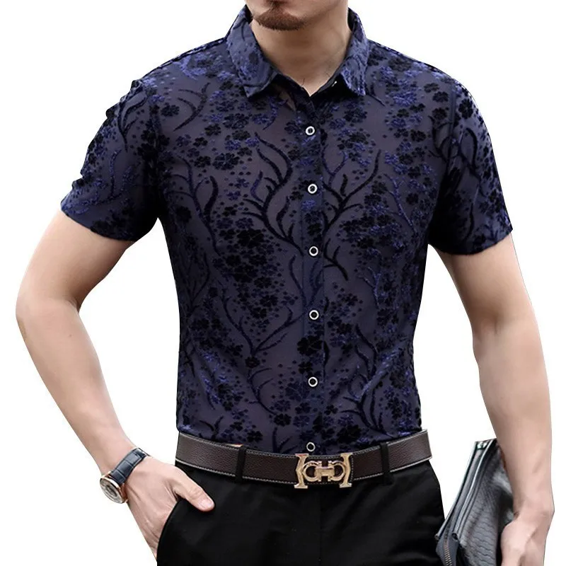 

Summer Streetwear Transparent Short Sleeve Camicia Uomo Hombre Hawaiian Man Shirt Camisa Social Black Blue