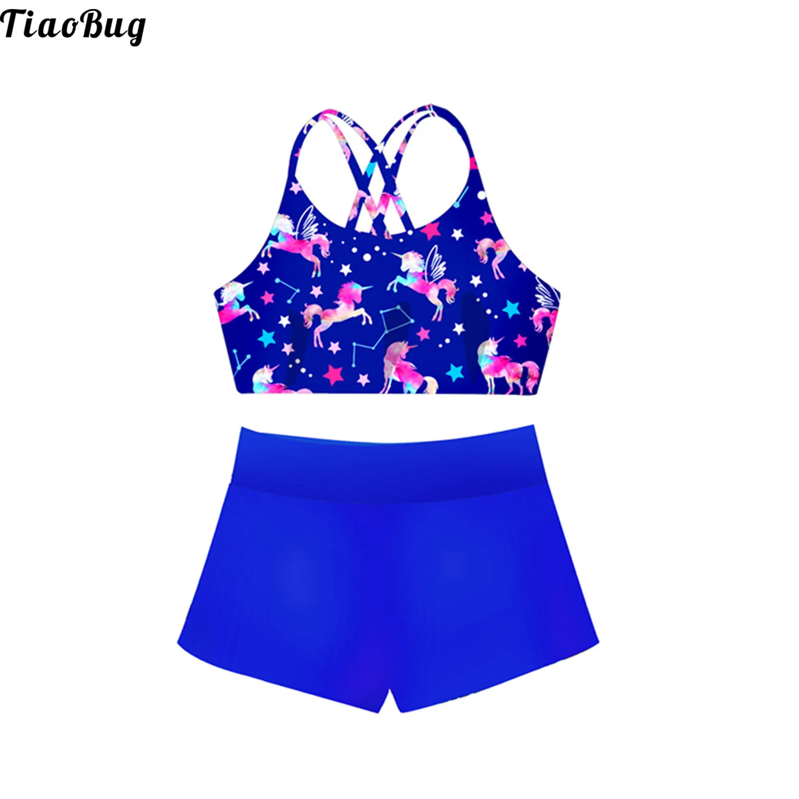 

TiaoBug Summer 2Pcs Kids Girls Swimming Suit U Neck Spaghetti Straps Criss Cross At Rear Cropped Top Shorts Set Bathing Swimwear