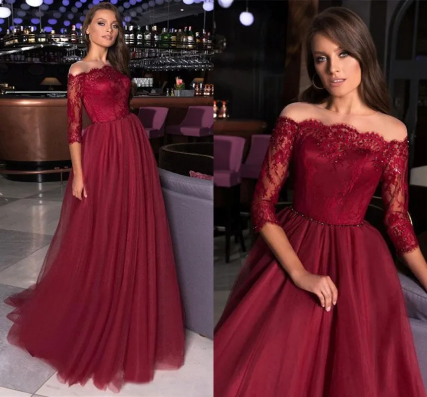 Bourgogne Sheer NeckTulle Nửa Tay Váy Đầm Dạ 2021 Ren Táo Đính Hạt Càn Quét Tàu Chính Thức Bầu Vestidos De Fiesta