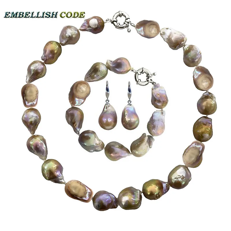 Baroque Irregular Necklace Bracelet Hook Dangle Earrings Natural Pearls Set Large Size Gold Purple Color Nucleated Flameball