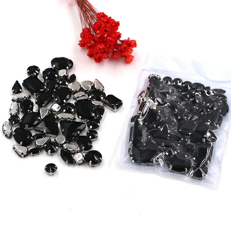 Sell at a loss! 50pcs/bag high quality mixed shape faltback sew on black glass crystal rhinestones diy clothing accessories