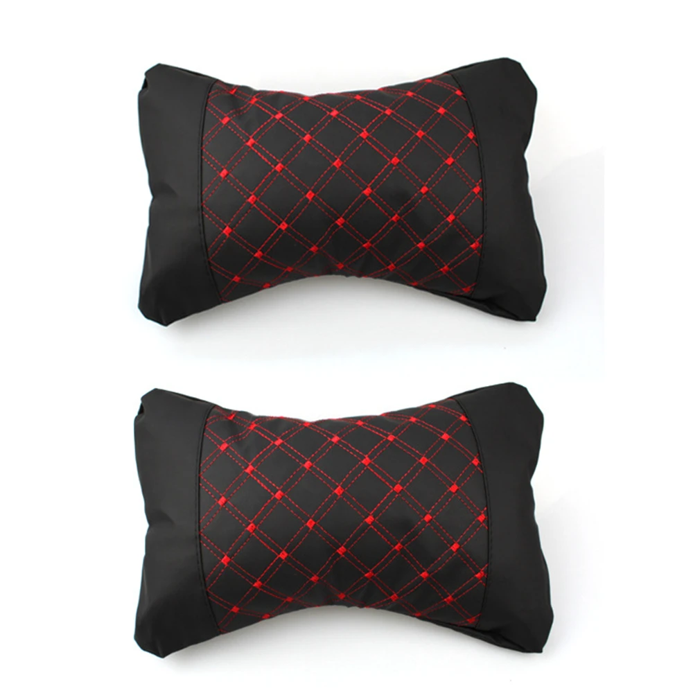 2 Pieces Universal Car Red White Line Leather Headrest Cushion Pad Pillows Cushion Supplies Support Neck Auto Safety Pillow - Image 2