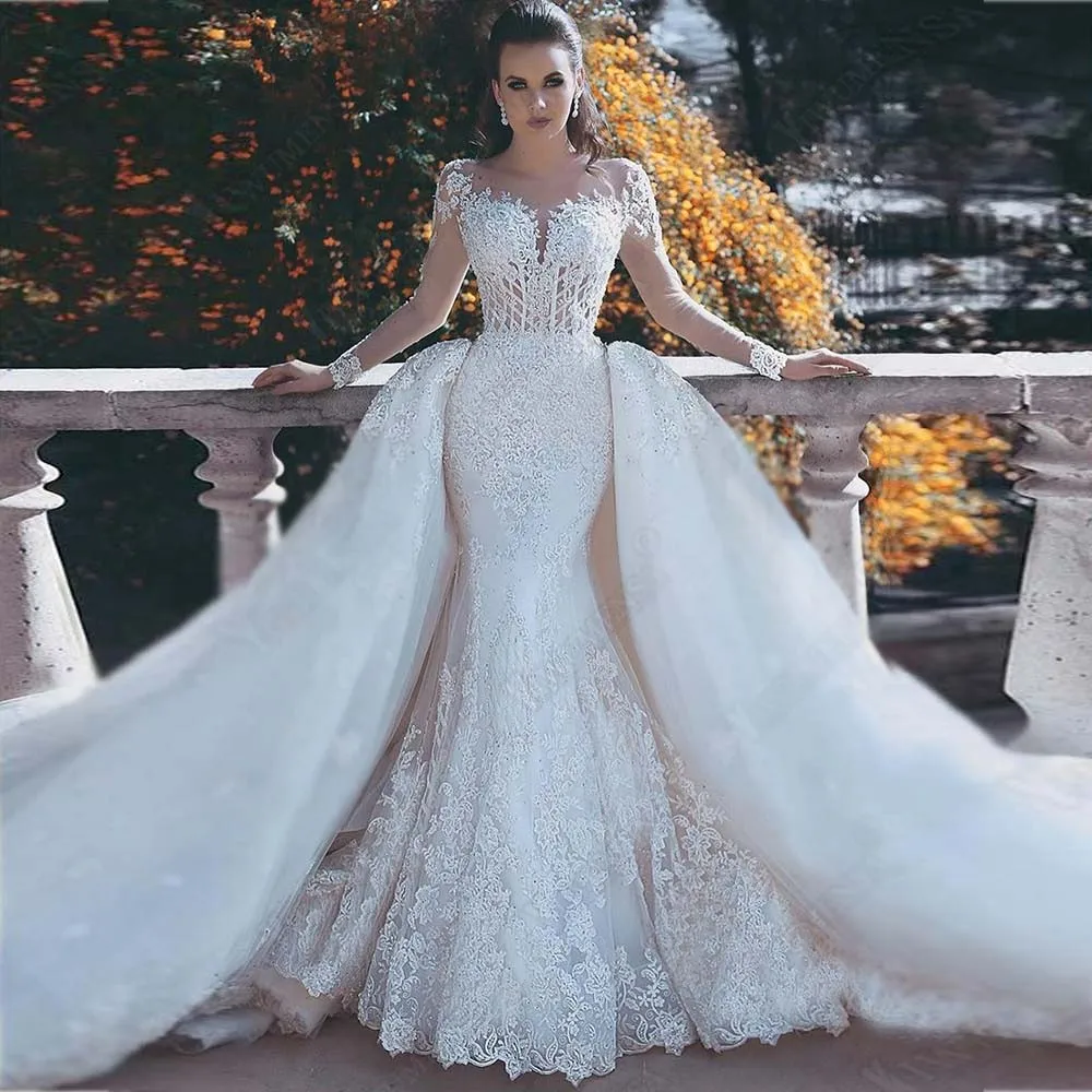 Yiwumensa abiti da sposa mangas compridas apliques 2 em 1 vestido de noiva cristais frisado destacável trem sereia vestidos de casamento 2021