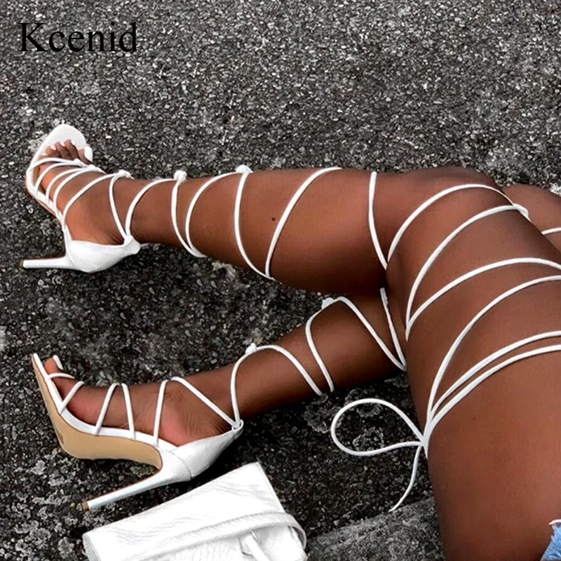 Kcenid New Women Gladiator Knee High Sandals Open Toe Lace Up Cross Strappy Sandals Women High Heels Fashion Sexy Shoes