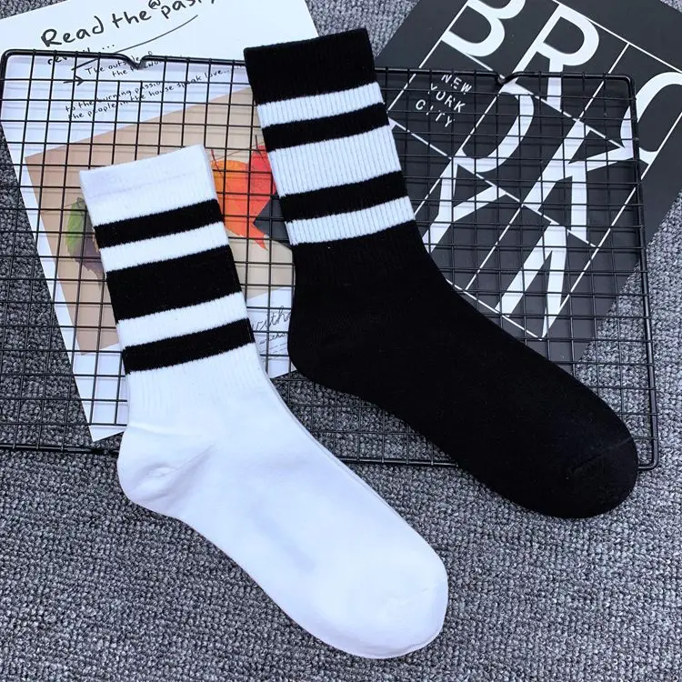 Funky Street Wear Three Stripes Cotton Men Socks Retro Old School Hiphop Skate Long Short  Harajuku White Black Cool Fixed Gear