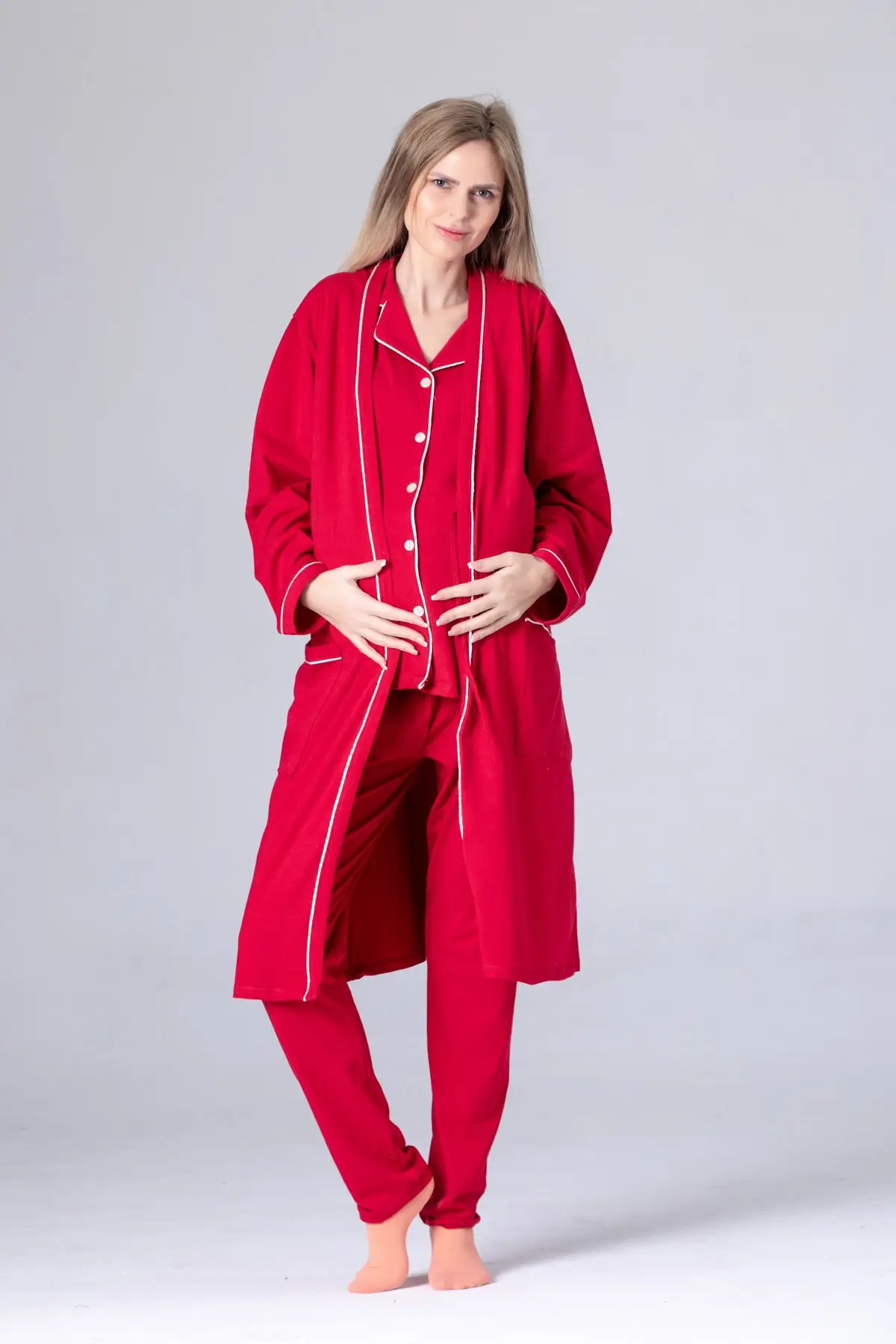 Luxury Puerperal Sleepwear Set 100 Cotton Dark Red