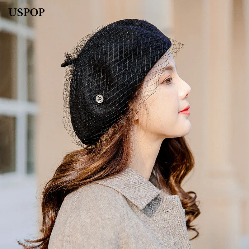 USPOP  women wool berets female thick winter hats letter M mesh yarn beret solid color vintage warm has