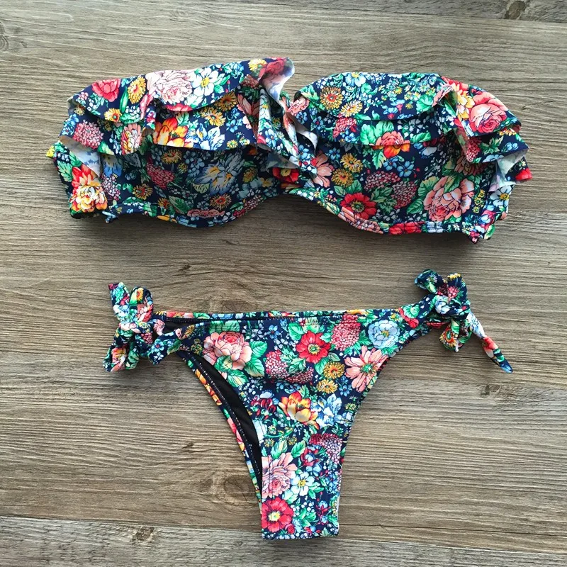 Falbala Brazilian Push Up Bikinis Women Floral Halter Print Swimsuit For Girls Lady Thong Bikini Set Bandage Biquinis Swimwear