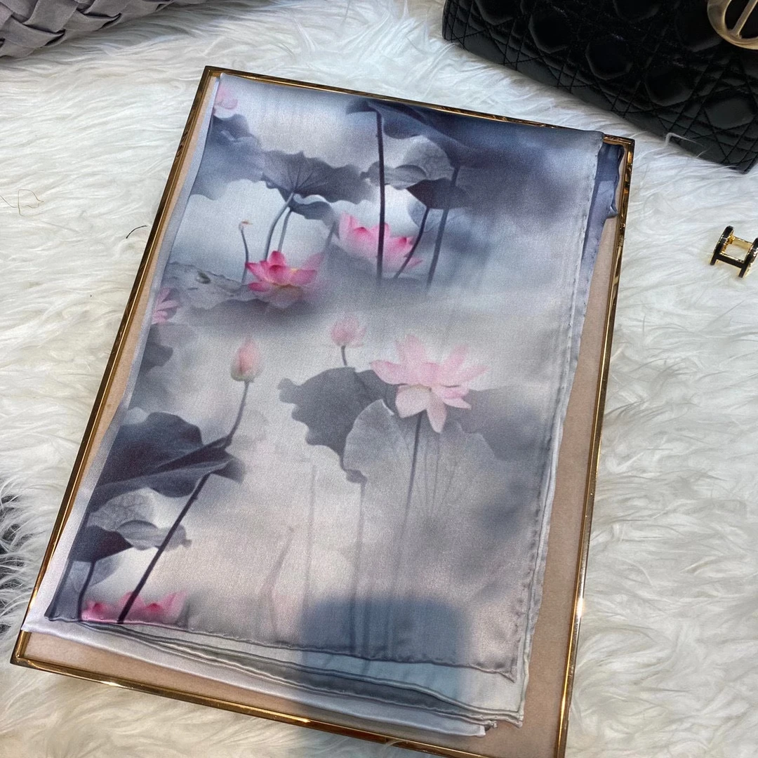 Chinese Style Ink Lotus Silk Scarf Shawl Women 2021 New Design 100% Natural Silk Long Scarves Grey Pink Neck Scarves 175*53cm