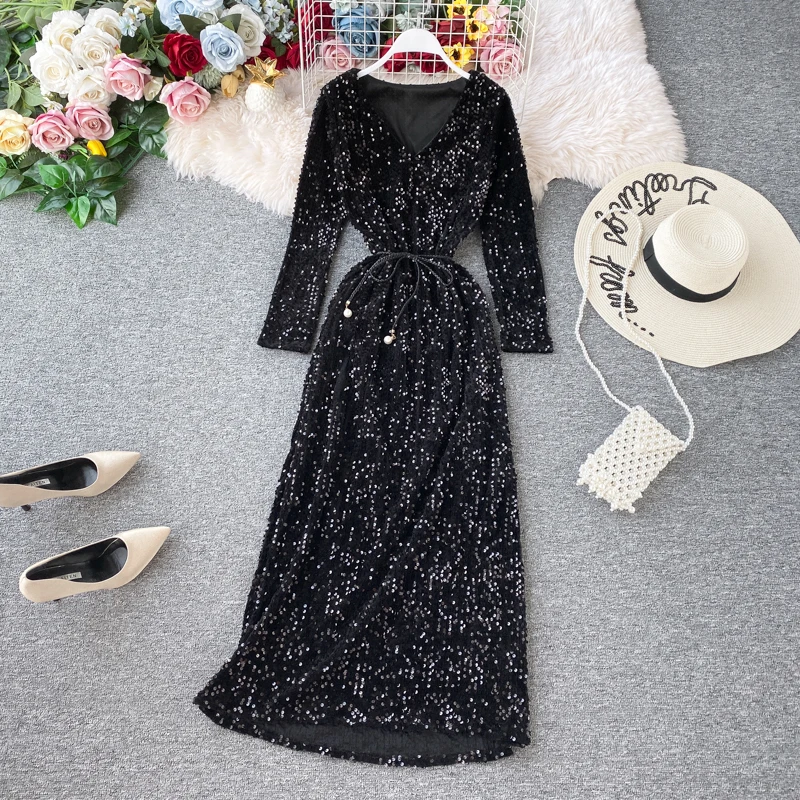 Women's Party Dress Long-sleeved Dress New Sequin Temperament Banquet Host Elegant V-neck Waist Lacing Dress Sexy Dress ML454