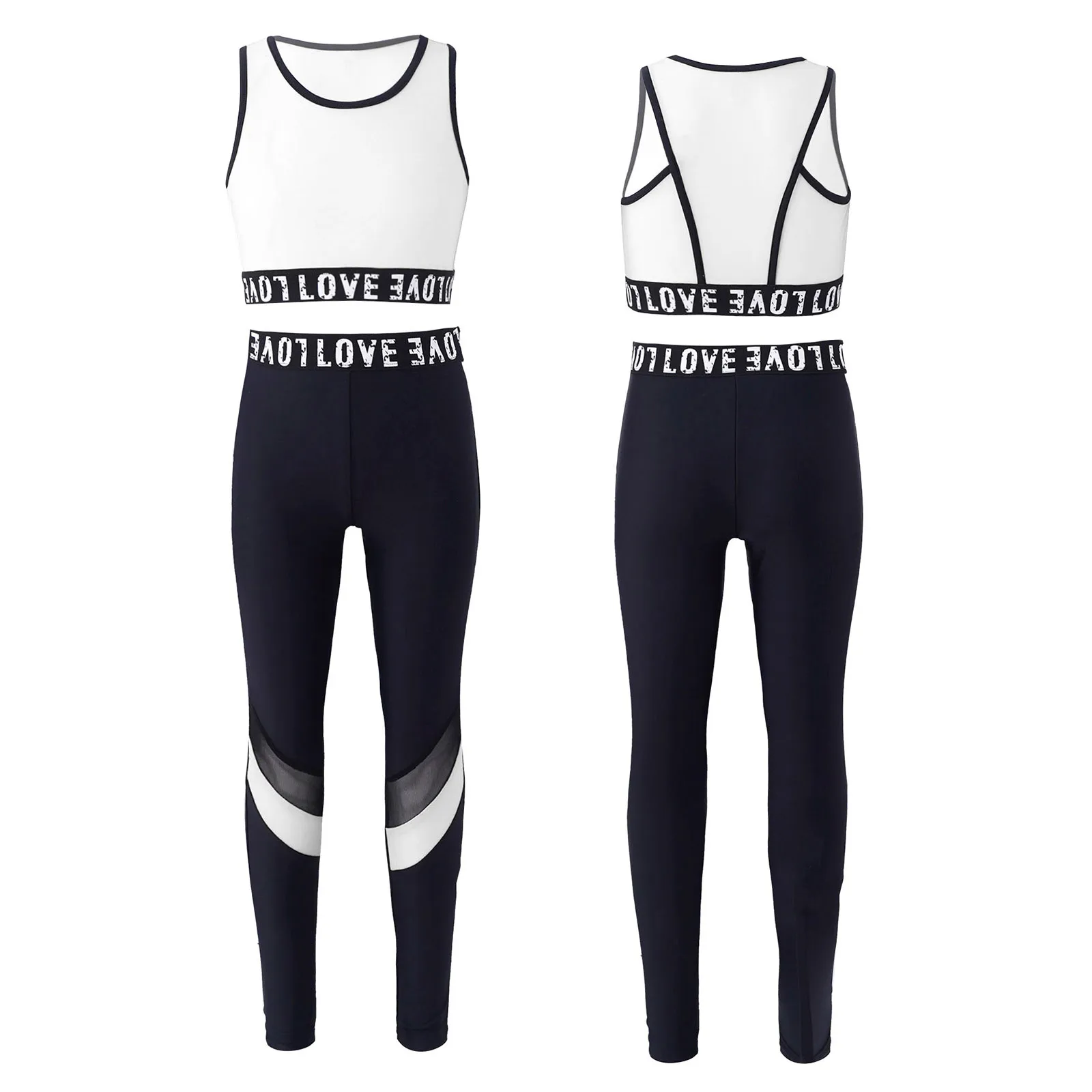 

Kid Girls Gymnastics&Dancewear Sports Tracksuits Racer Back Letters Print Patchwork Crop Tops and Pants Set Sportswear Outfits