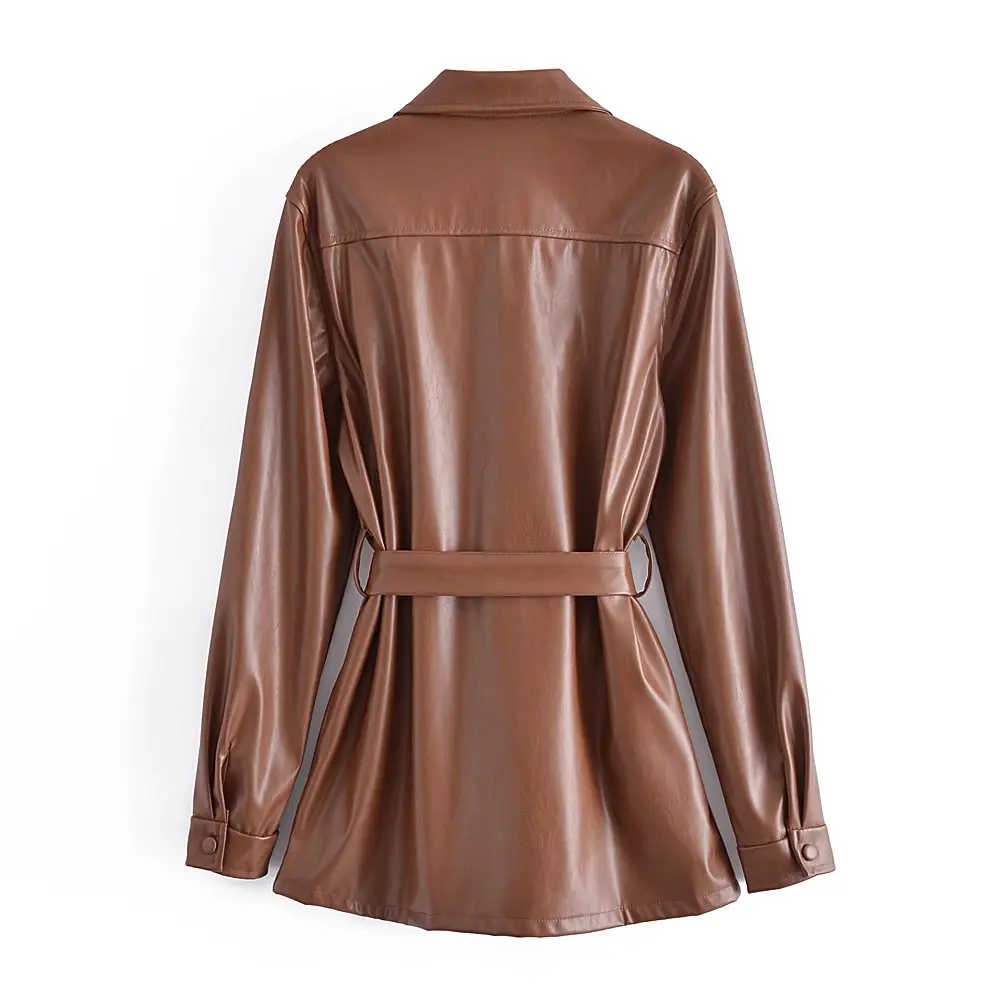 Motorcycle Women Leather Shirt Street Personality Brown Single Buttons Pu Shirt New Autumn Winter Casual Long Sleeve Tops Blouse
