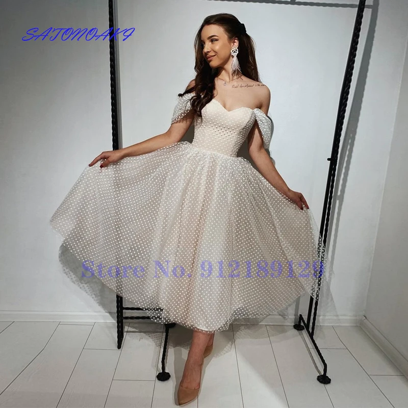 Short Sweetheart Wedding Dress 2024Off Shoulder Straps Elegant Tea-Length Dot Tulle Bridal Gown Robe De Mariee Vestidos De Novia