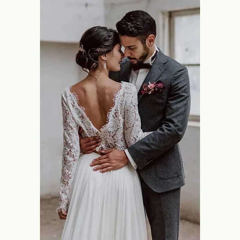 Vestidos de novia de manga larga de encaje para novia, vestidos de novia de dos piezas, Sexy y moderno, cuello Bateau, Espalda descubierta, bohemio, en oferta