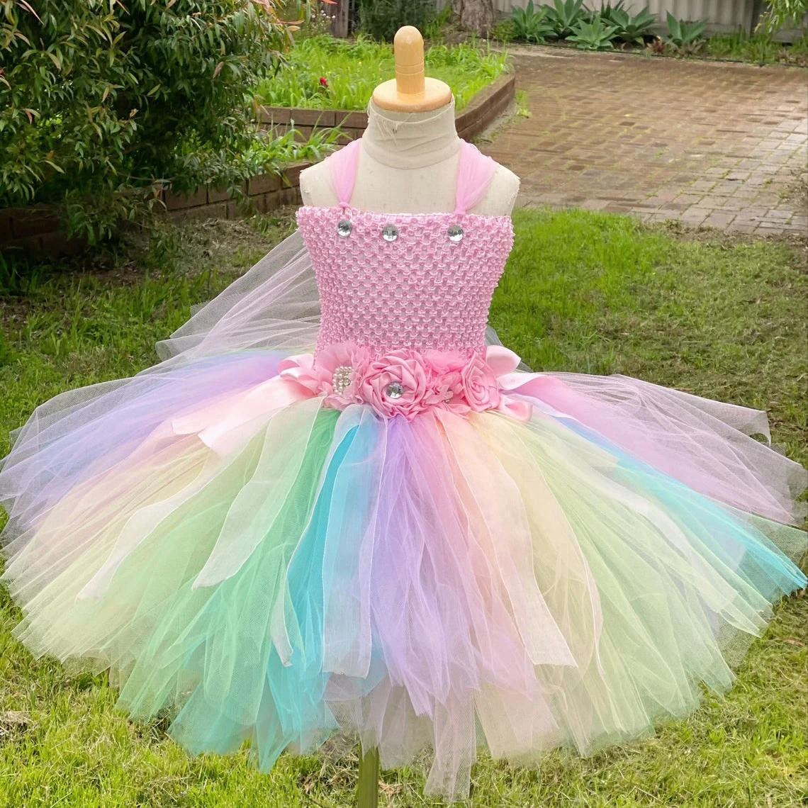Girls Pastel Flower Fairy Tutu Dress Kids Crochet Tulle Strap Dress Ball Gown Children Birthday Wedding Party Costume Dresses