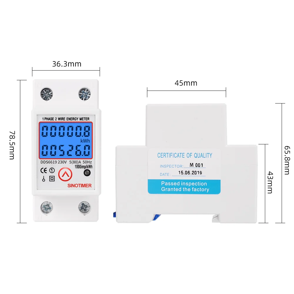 Digital Wattmeter AC 230V 5(80)A Power Energy Meter Din Rail KWH Voltage Current Meter Backlight with Reset Function