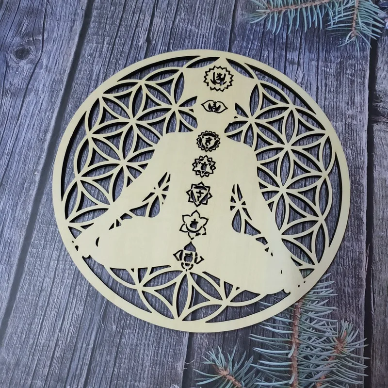 

10pcs Wooden Plate Carved Flower Of Life and Seven Chakra Inside Human Body in Yoga Position for Spiritual Meditation and Healin