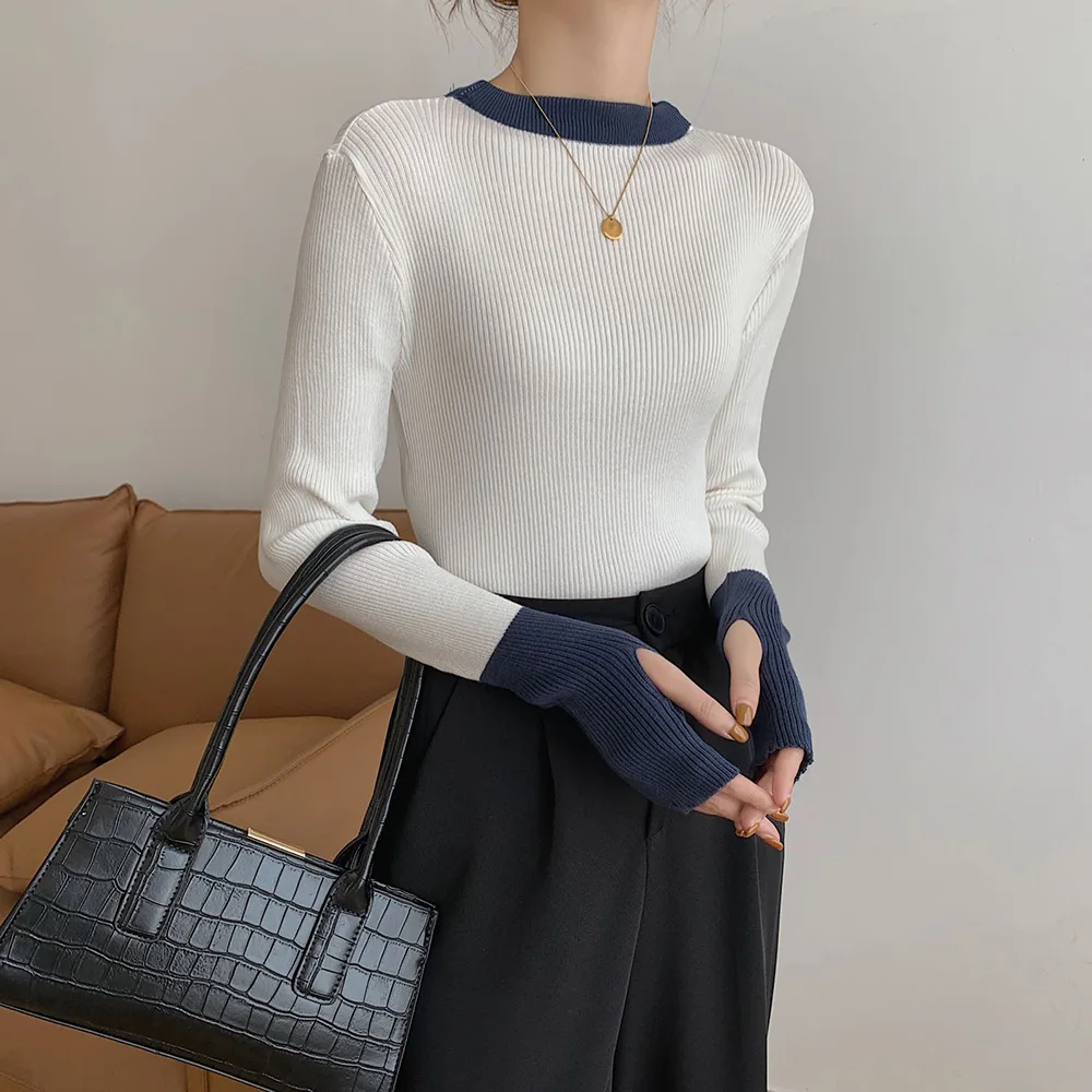 

Croysier Winter 2021 Fashion Women Clothing Contrast Color Casual Pullover Sweater Thumb Hole Long Sleeve Ribbed Knitted Jumper