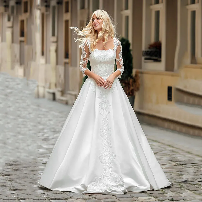 SoDigne 2022 Satin Hochzeit Kleider Weiß Langarm Spitze Einfache Brautkleid Taste Vintage Plus Größe Hochzeit Kleid Nach Maß