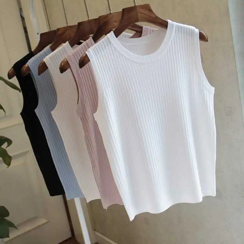 Summer Knitted Vests Women Tops O-neck Solid Tank Female Sleeveless Casual Thin Tops 2020 Knit Woman Shirt Pink White Blue Femme